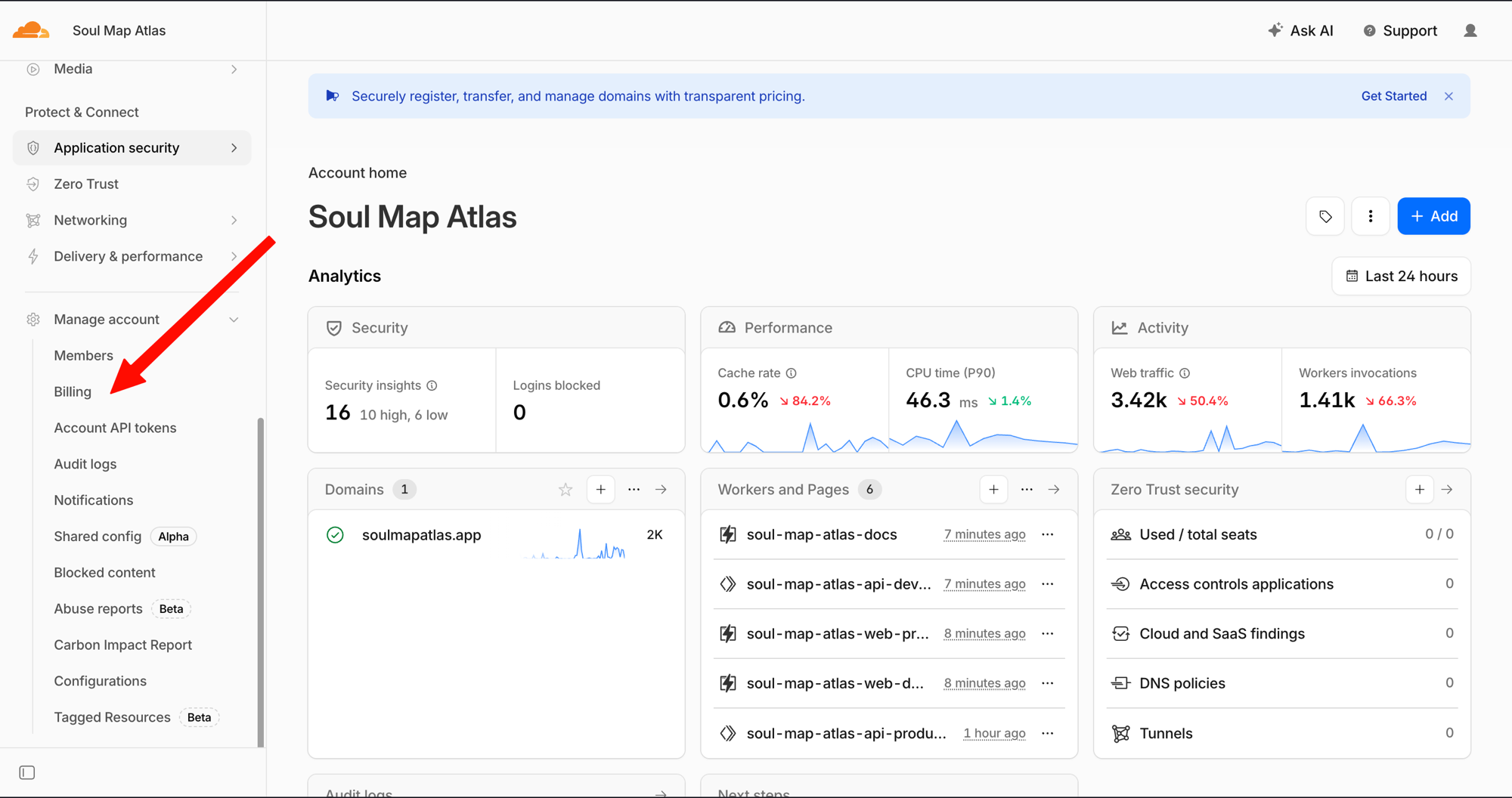 Manage account — pilih Billing