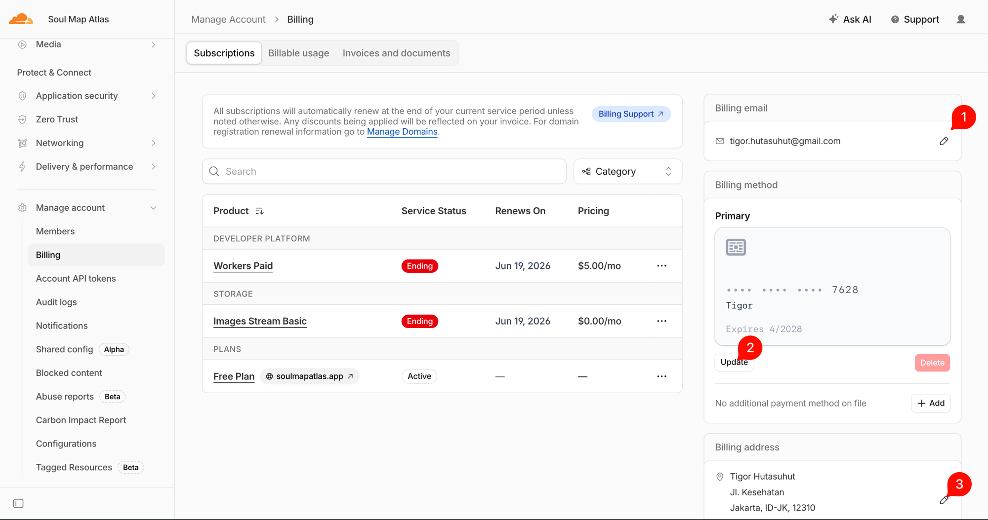 Halaman Billing — update email, CC, address